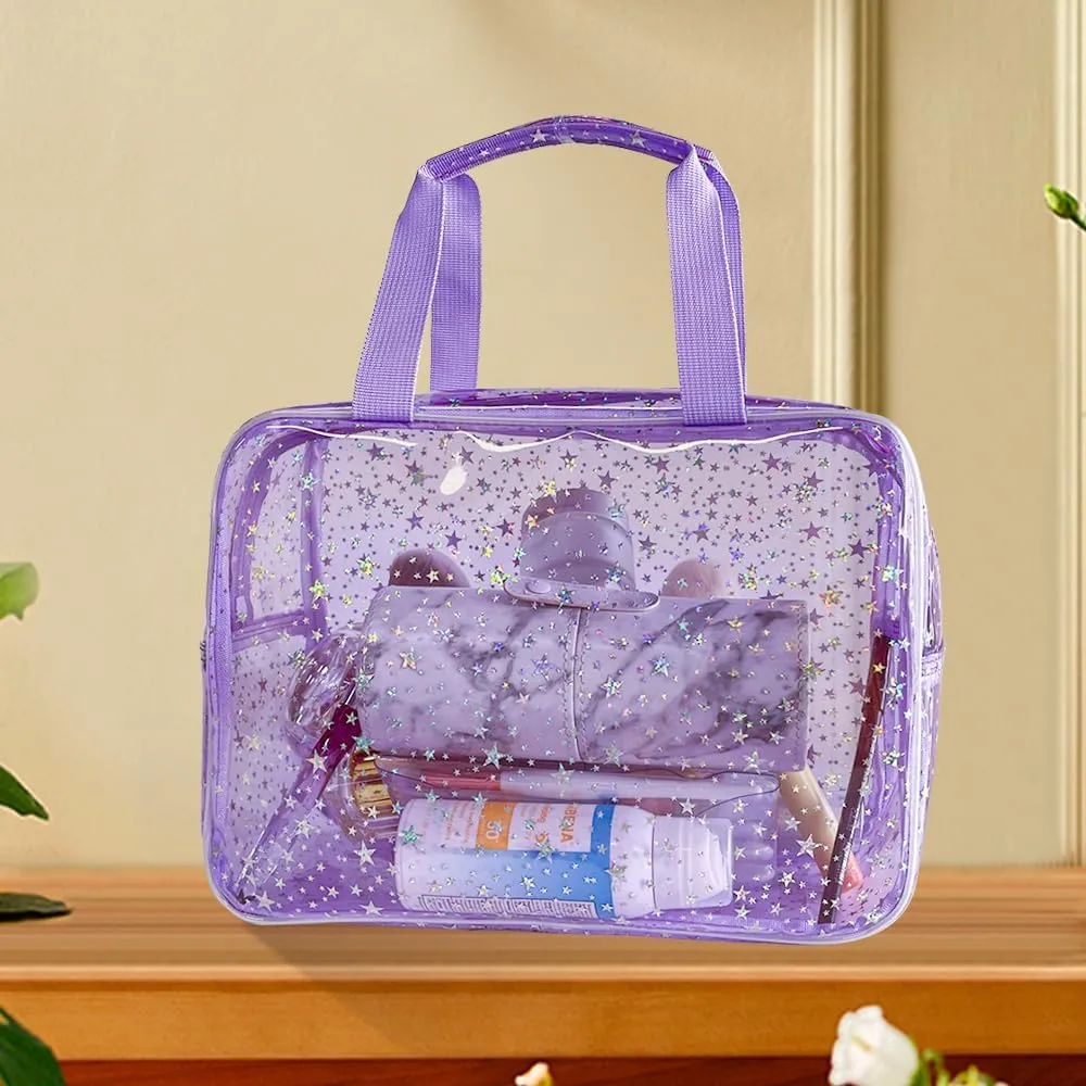 12X5X8 Portable 8L Purple Clear Makeup Bag Twinkle Star Toiletry Bag Waterproof Cosmetic Bag With Zipper & Handle for Concert Sports Events Travel Commuting Beach Essential
