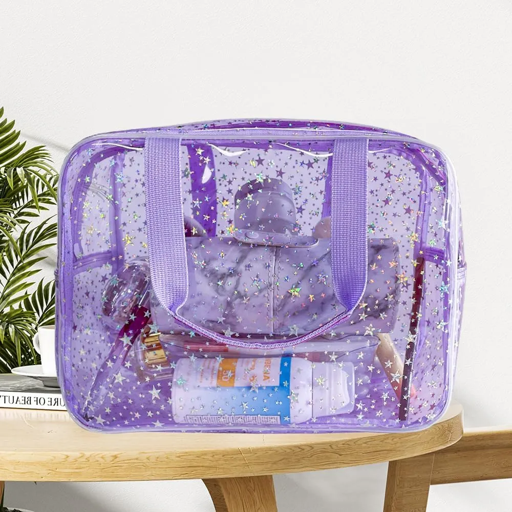 12X5X8 Portable 8L Purple Clear Makeup Bag Twinkle Star Toiletry Bag Waterproof Cosmetic Bag With Zipper & Handle for Concert Sports Events Travel Commuting Beach Essential