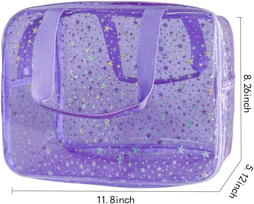 12X5X8 Portable 8L Purple Clear Makeup Bag Twinkle Star Toiletry Bag Waterproof Cosmetic Bag With Zipper & Handle for Concert Sports Events Travel Commuting Beach Essential