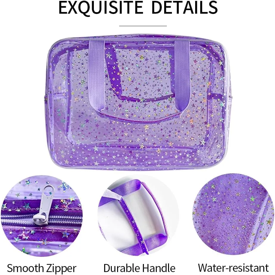 12X5X8 Portable 8L Purple Clear Makeup Bag Twinkle Star Toiletry Bag Waterproof Cosmetic Bag With Zipper & Handle for Concert Sports Events Travel Commuting Beach Essential