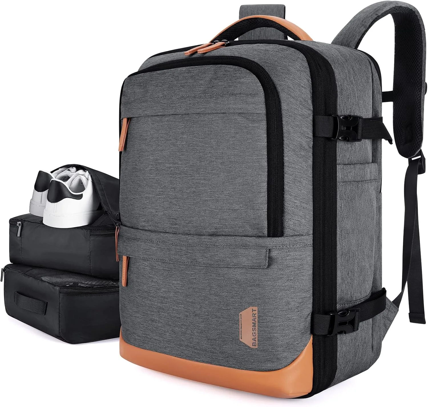 BAGSMART Compression Travel Backpack, 40L Expandable Airline Approved Carry On Backpack with Packing Cubes, Water Resistant Weekender Backpack Fits 17 Inch laptop, Luggage Daypack with Shoe Bag, Grey