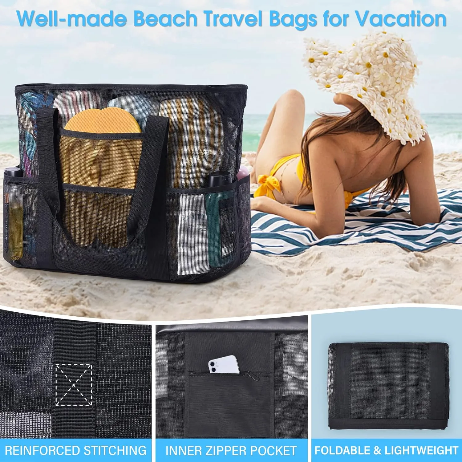 Becokan Beach Bags for Women Mesh Beach Bag for Women Swim Pool Bag Beach Tote Bag for Vacation Zipper Closure 9 Pockets