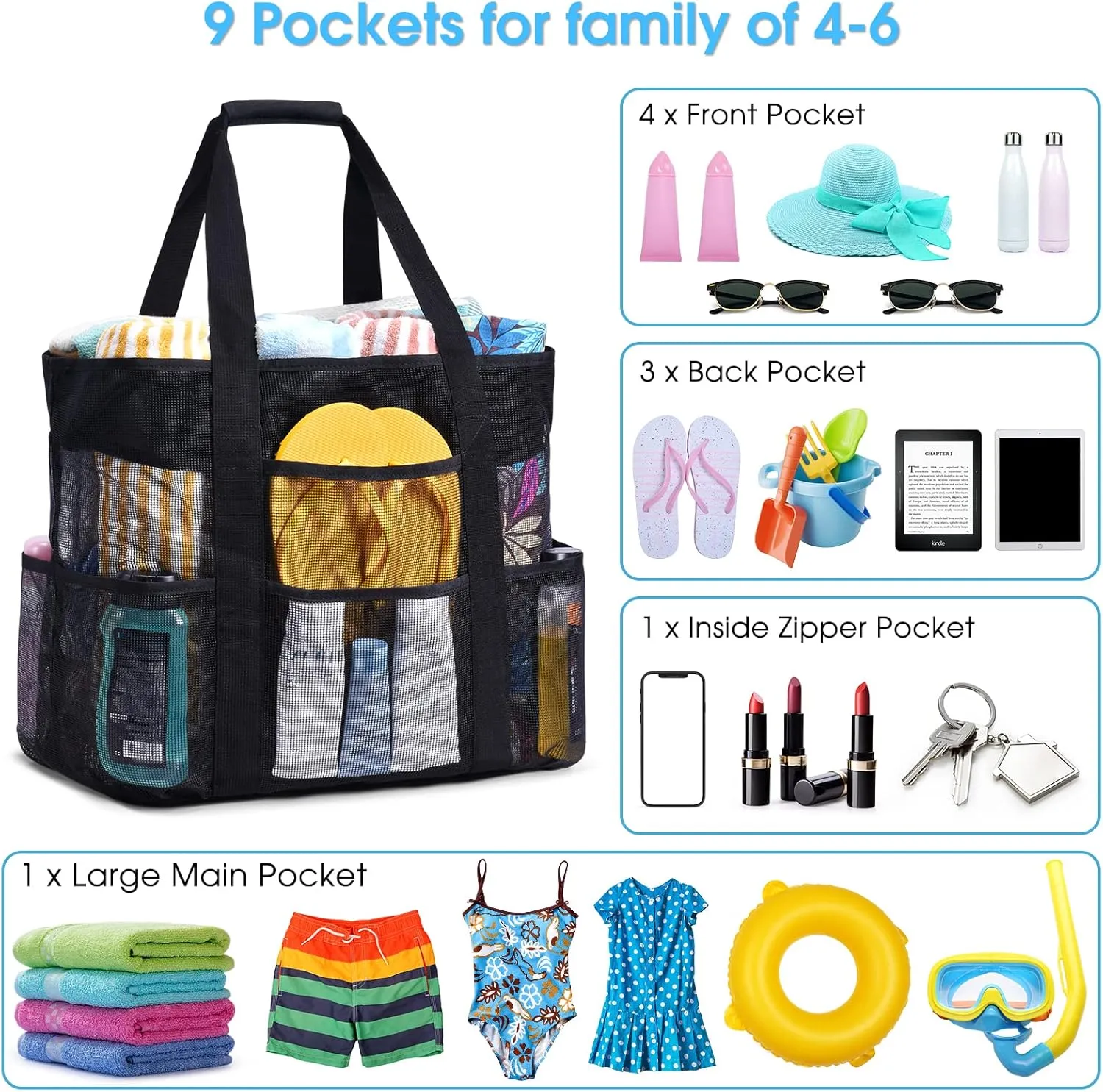 Becokan Beach Bags for Women Mesh Beach Bag for Women Swim Pool Bag Beach Tote Bag for Vacation Zipper Closure 9 Pockets