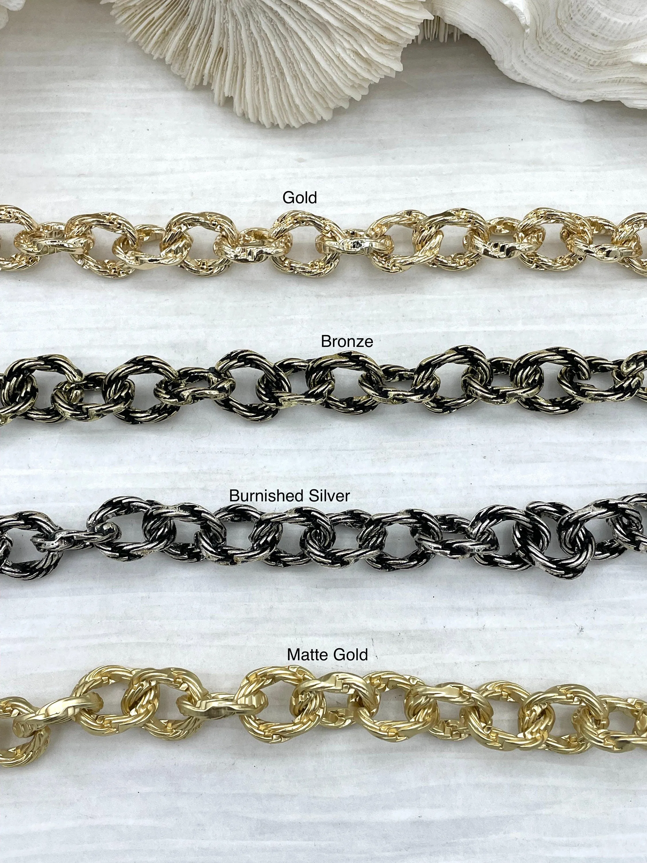 Chunky Cable Chain Textured sold by the foot. 16.5mm x 12.5mm x 3.5mm. Electroplated Zinc alloy, Statement Rolo Chain 4 finishes. Fast ship