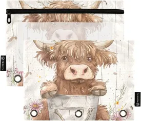 Cute Highland Cow with Bucket Flowers Wooden 3 Rings Binder Pencil Pouch Pencil Bags with Zipper 2 Pack Recycled Makeup Bag Stationery Organizer Supplies