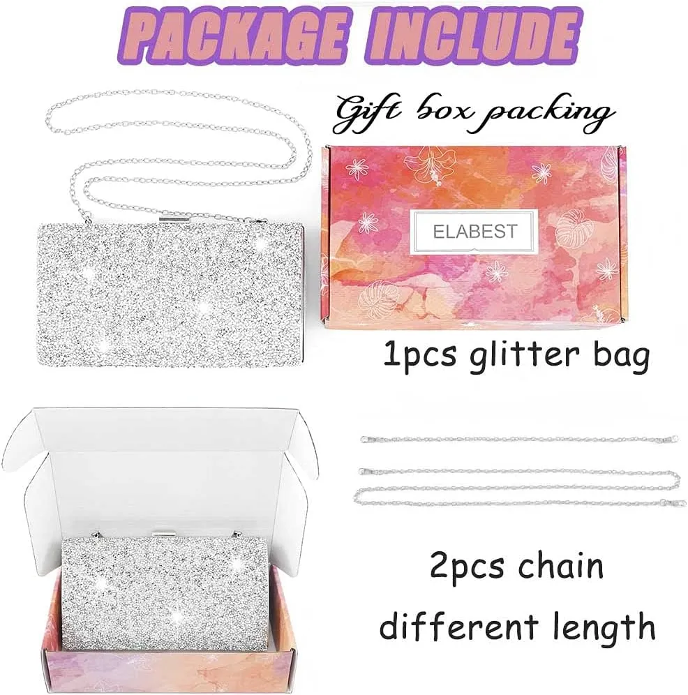 ELABEST Glitter Evening Clutch Bag Double Sided Diamond Bag Crossbody Purse Wedding Party Bag for Women