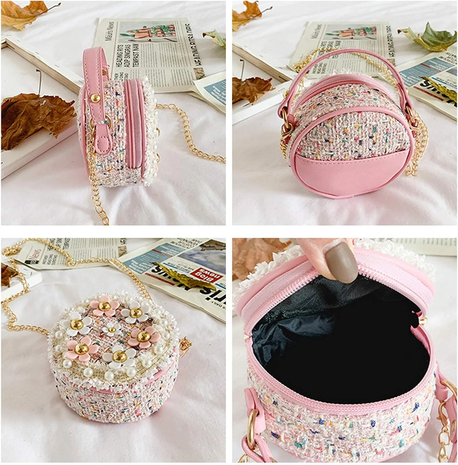Forwe Little Girls Toddler Crossbody Purse with Pearl Flowers Mini Cute Princess Handbags Shoulder Chain Bag