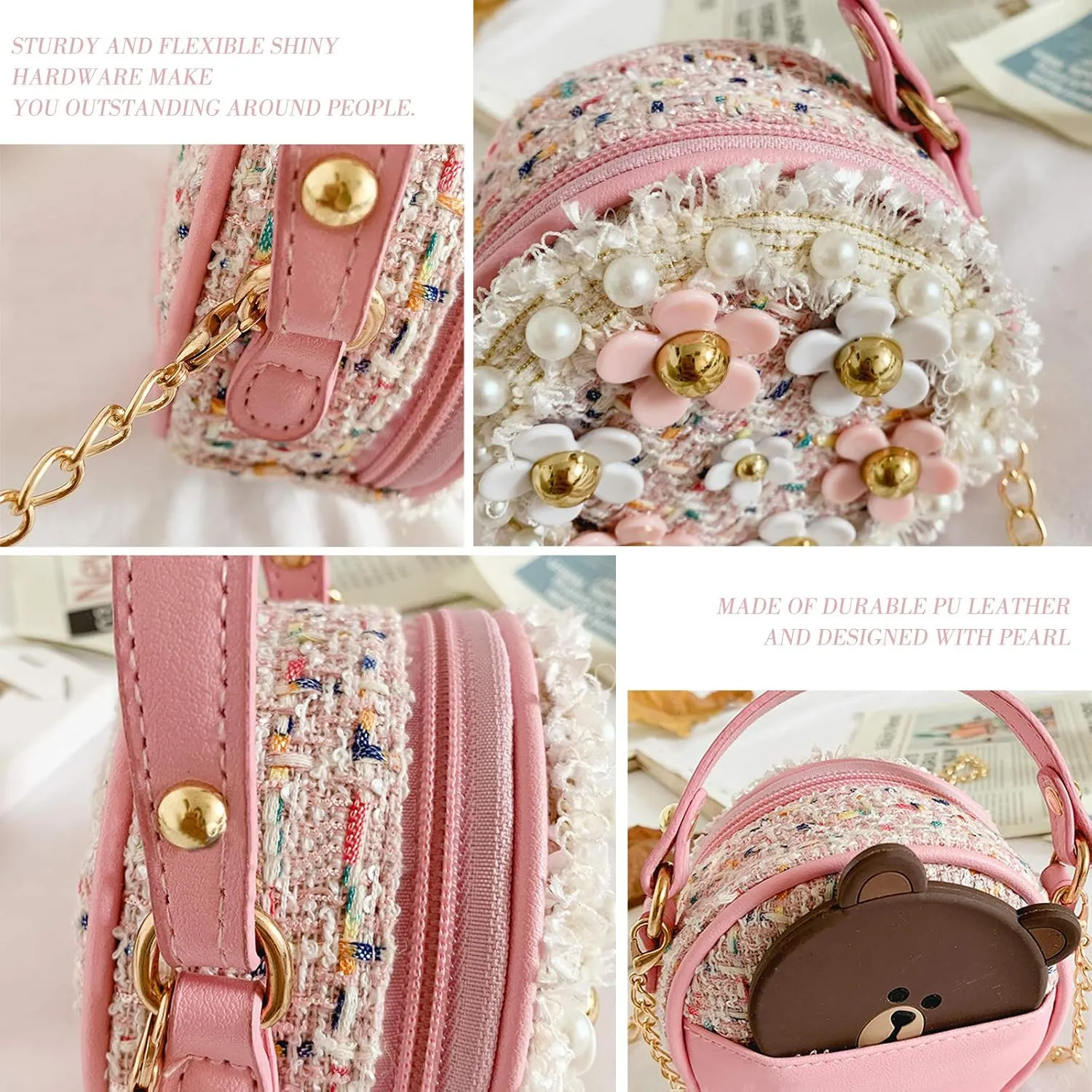 Forwe Little Girls Toddler Crossbody Purse with Pearl Flowers Mini Cute Princess Handbags Shoulder Chain Bag