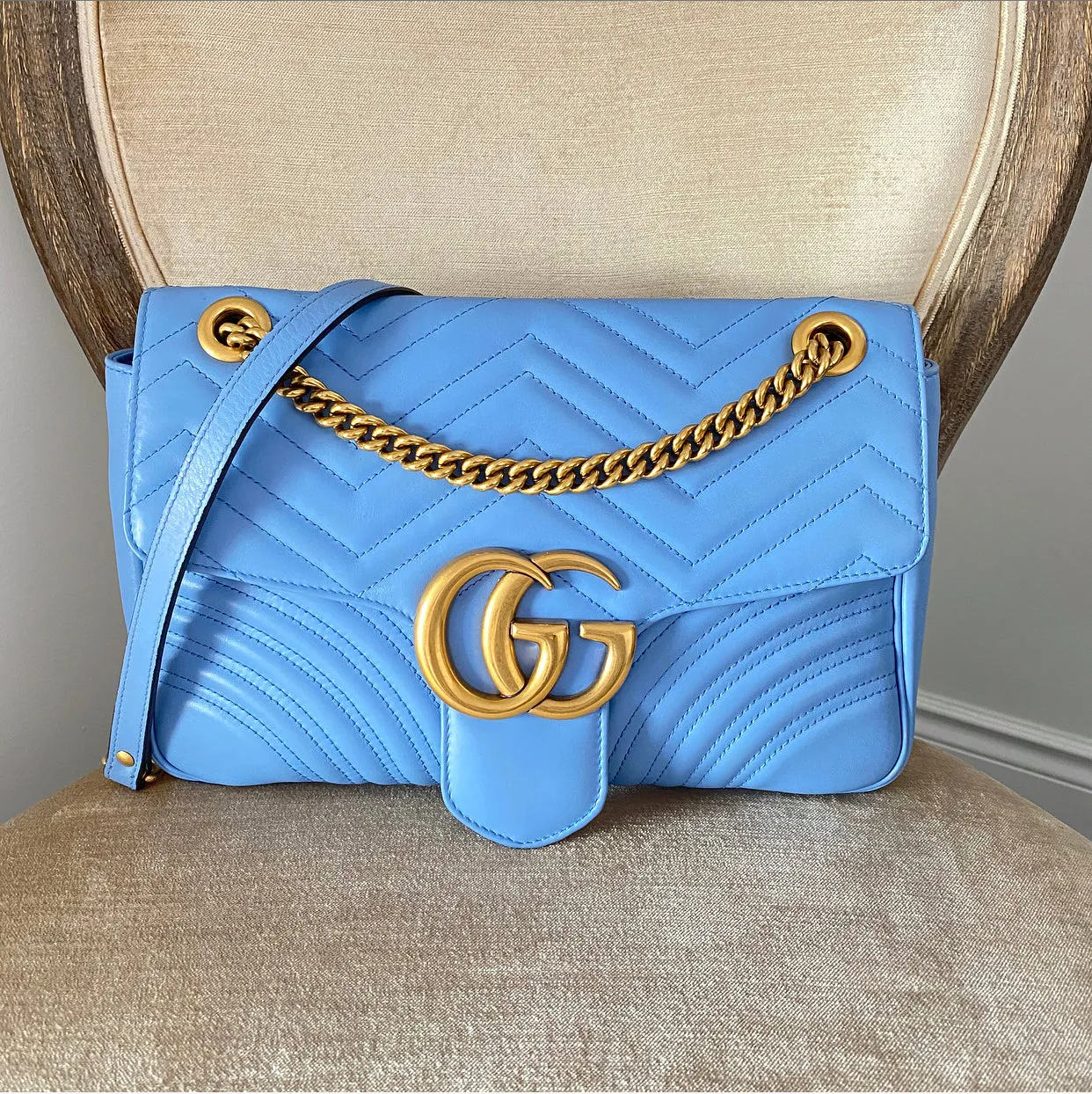 Gucci Blue Leather Medium Quilted Marmont Shoulder Bag