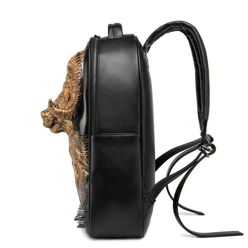 Large Studded Backpack 3D Goat Head Sculpture Backpack Laptop Travelling Rucksack Bag