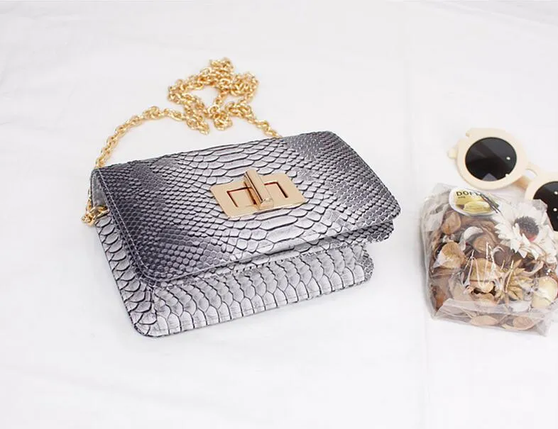 New Design Women Cross Body Bag PU Leather Chain Shoulder Bag Serpentine Pattern Small Messenger Bag Flap With Silver Color