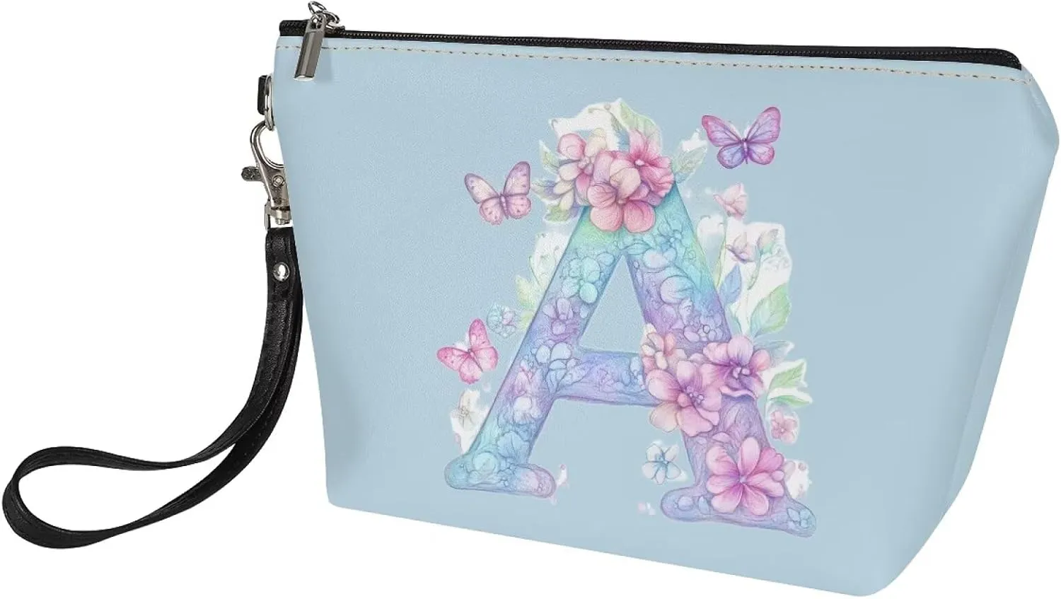 Personalized Makeup Bag for Her  Vegan Leather Waterproof Cosmetic Organizer with Sturdy Zipper & Wrist Strap, 8.46" Slim Travel Toiletry Bag Essentials, Perfect Bridesmaid Gift Blue A