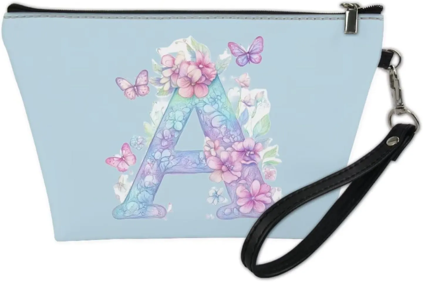 Personalized Makeup Bag for Her  Vegan Leather Waterproof Cosmetic Organizer with Sturdy Zipper & Wrist Strap, 8.46" Slim Travel Toiletry Bag Essentials, Perfect Bridesmaid Gift Blue A