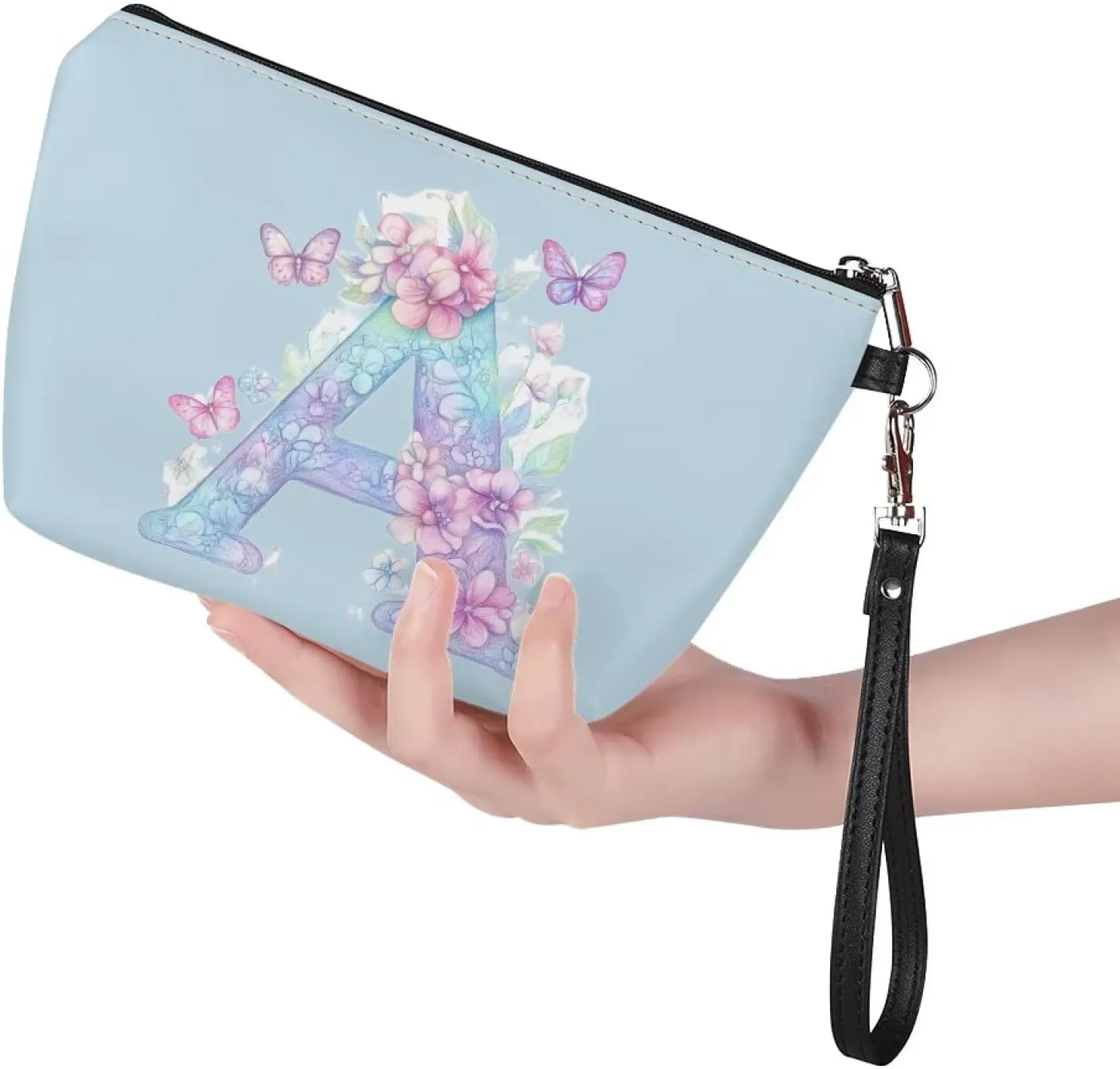 Personalized Makeup Bag for Her  Vegan Leather Waterproof Cosmetic Organizer with Sturdy Zipper & Wrist Strap, 8.46" Slim Travel Toiletry Bag Essentials, Perfect Bridesmaid Gift Blue A