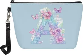 Personalized Makeup Bag for Her  Vegan Leather Waterproof Cosmetic Organizer with Sturdy Zipper & Wrist Strap, 8.46" Slim Travel Toiletry Bag Essentials, Perfect Bridesmaid Gift Blue A