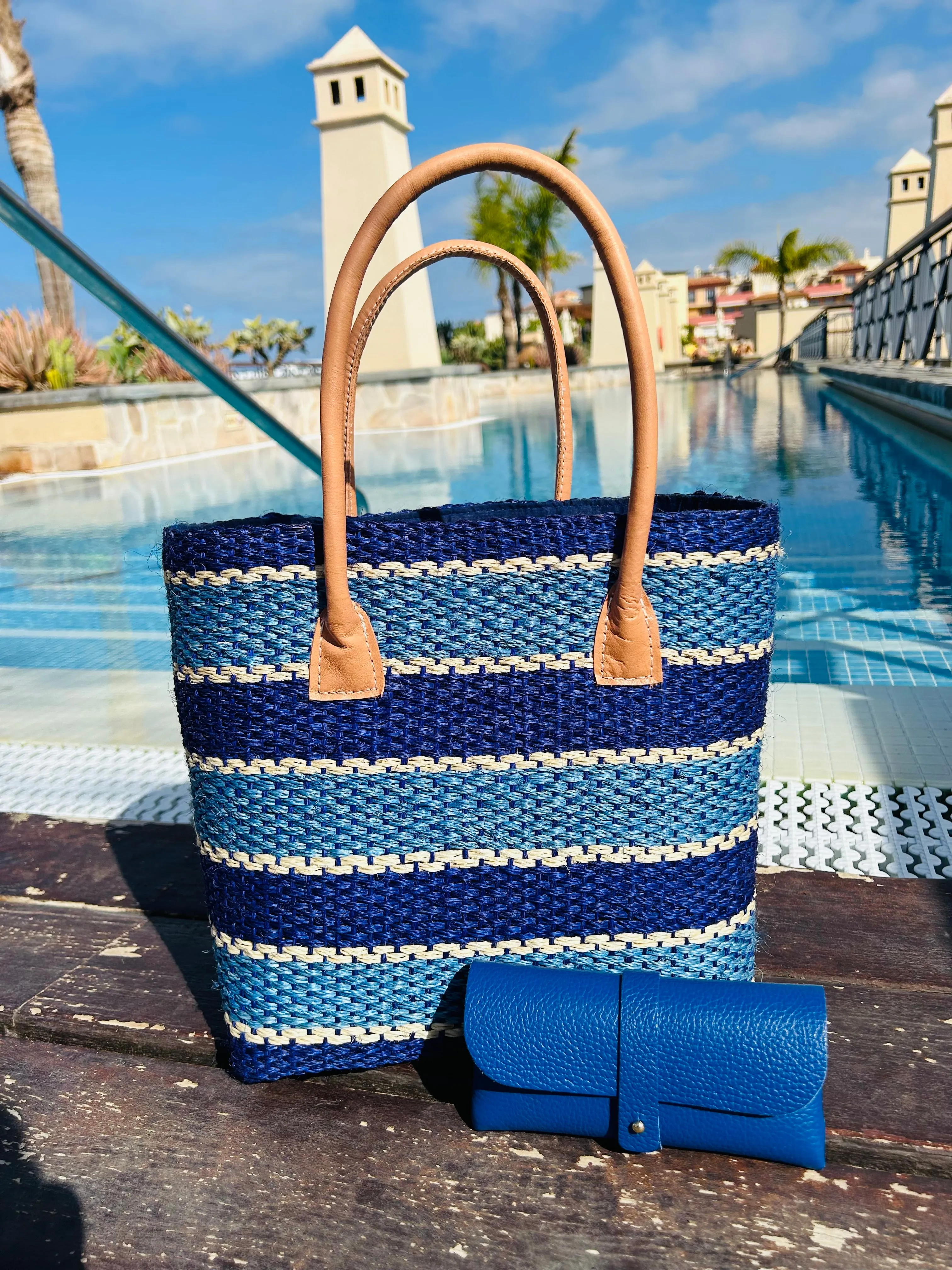 Striped Tote Basket Bag - Two Sizes | Blue