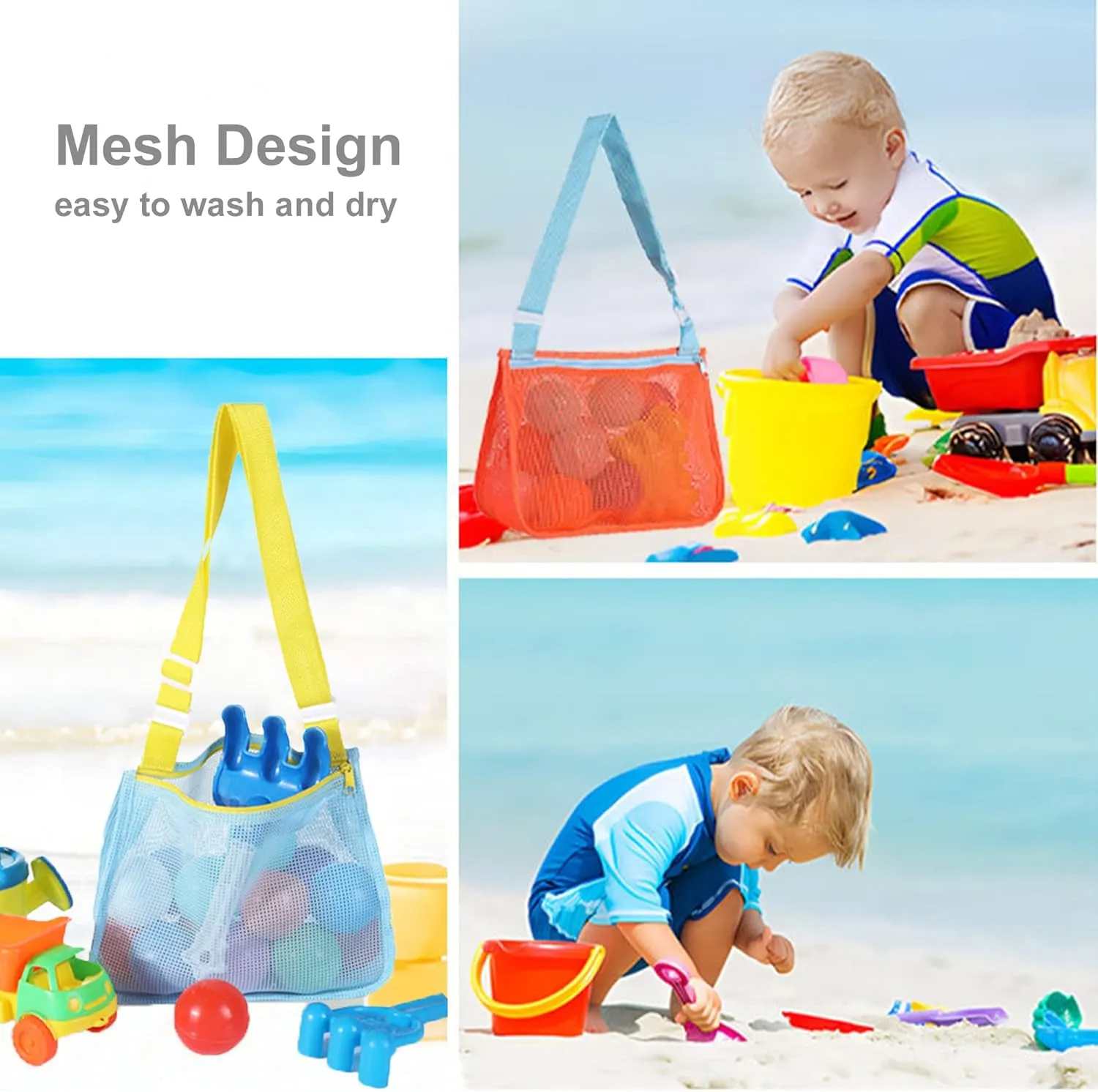 UTTPLL Colorful Mesh Beach Bag Adjustable Kids Quick Dry Net Tote for Seashell Collecting Sand Toy Swimming Accessories