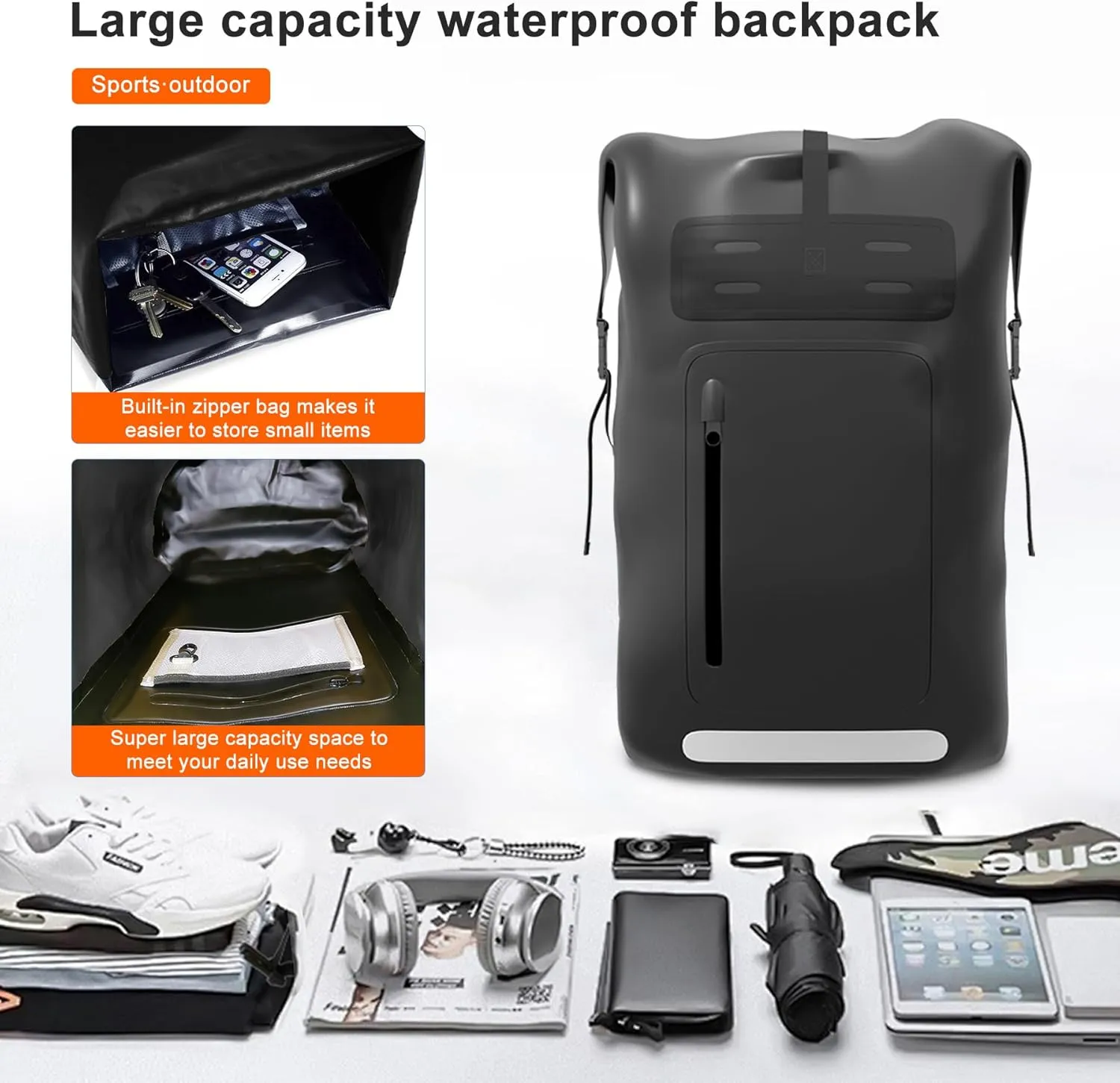 Waterproof BackpackHeavy Duty Hiking Backpack35/55/85L dry bag backpack waterproof for MenRoll-Top Closurefor Kayaking, Travel, Hiking, Fishing, Camping, Motorcycles (black, 35L)
