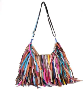 Women Multicolour Handbag Sheepskin Patchwork Shoulder Bag Colorful Tassel Purse