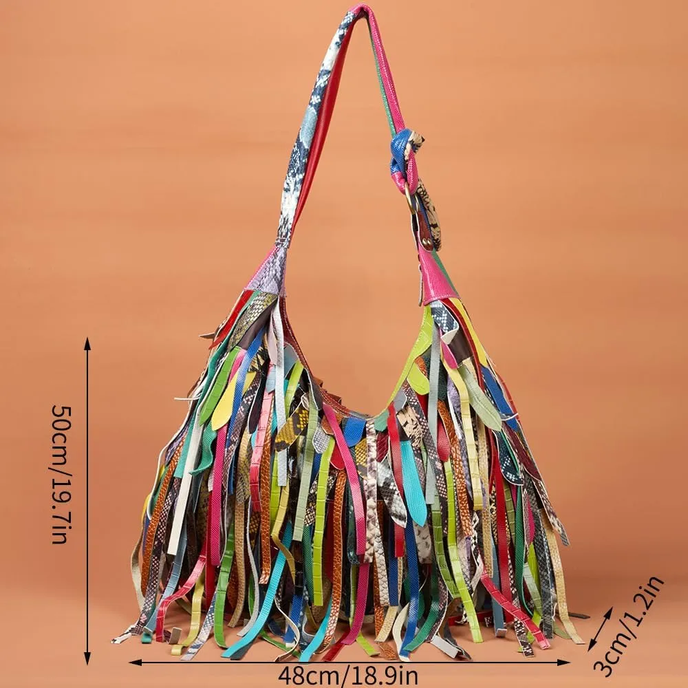 Women Multicolour Handbag Sheepskin Patchwork Shoulder Bag Colorful Tassel Purse