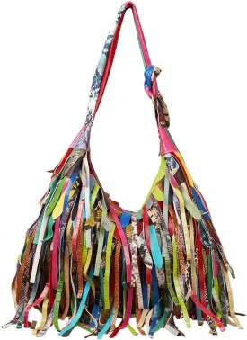 Women Multicolour Handbag Sheepskin Patchwork Shoulder Bag Colorful Tassel Purse