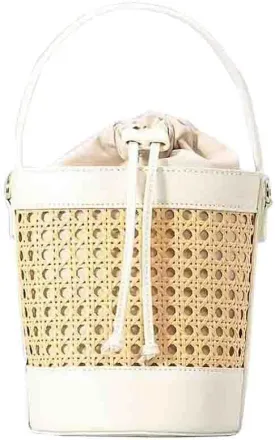 Women Straw Rattan Bucket Bag, Hollowed Out Seaside Drawstring Handbag Purse, Leather Summer Beach Boho Shoulder Bag