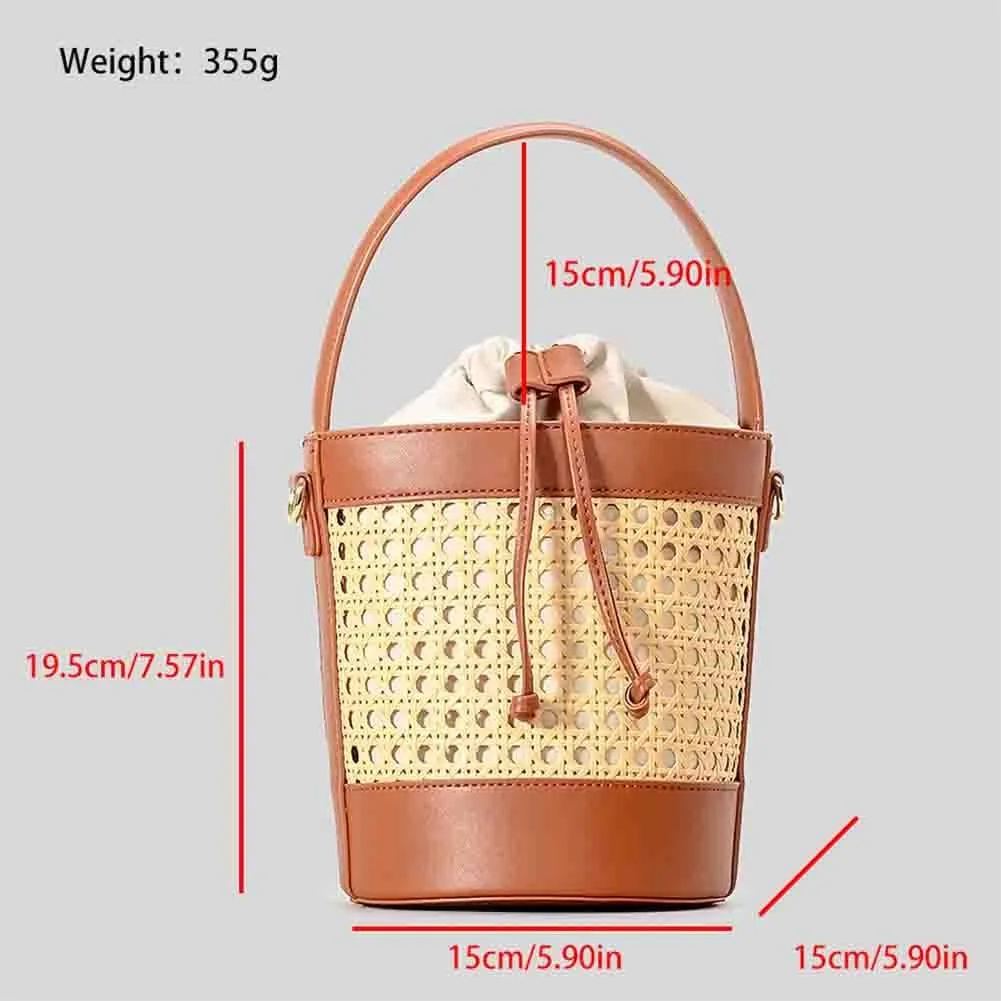 Women Straw Rattan Bucket Bag, Hollowed Out Seaside Drawstring Handbag Purse, Leather Summer Beach Boho Shoulder Bag