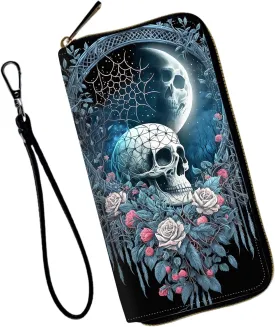 Wristlet Wallet for Women Teen Girls RFID Blocking Credit Card Holder with Removable Wristlet, Leather Phone Wallet Clutch Large Capacity Ladies Travel Purse-Skull Roses Floral
