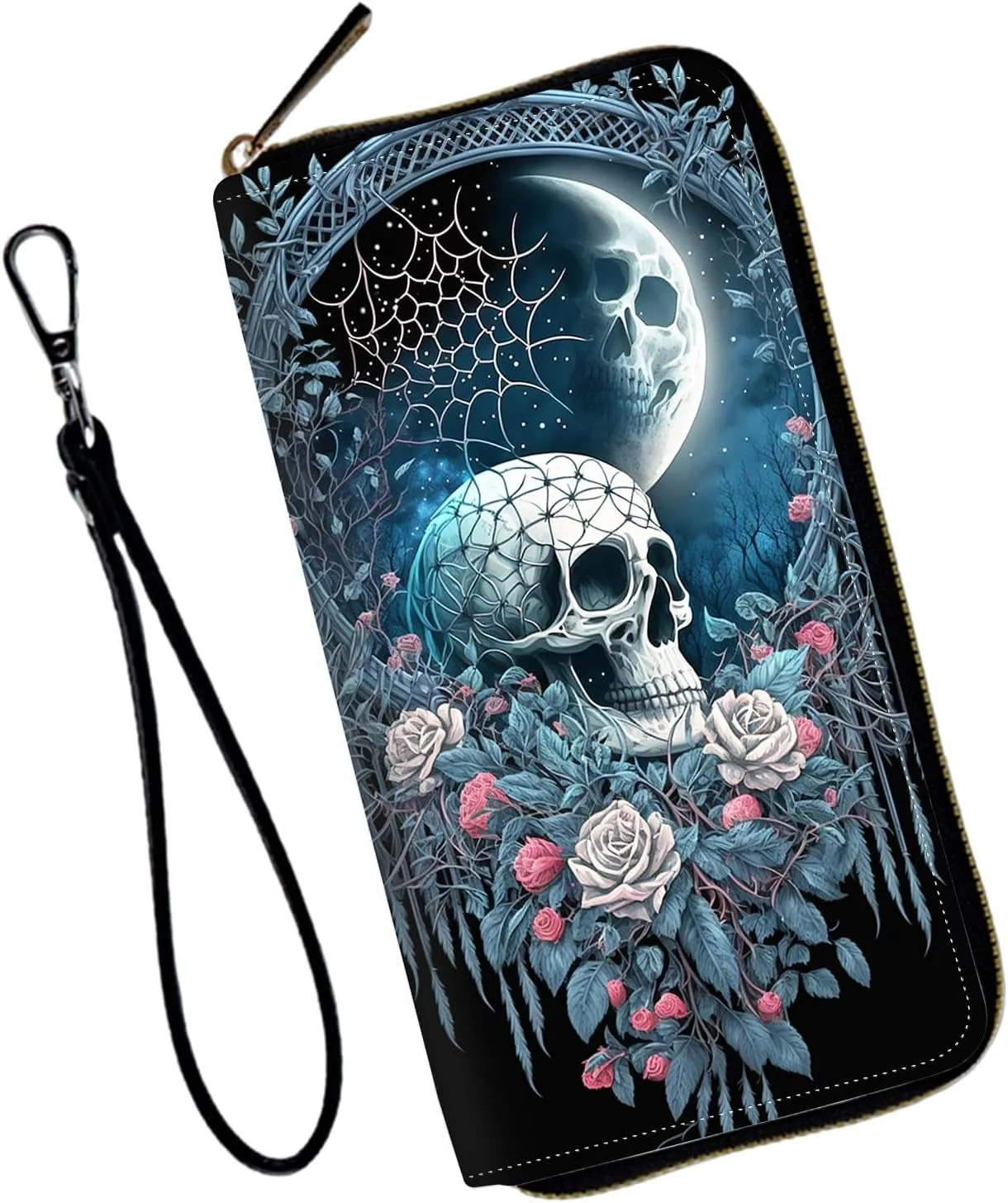 Wristlet Wallet for Women Teen Girls RFID Blocking Credit Card Holder with Removable Wristlet, Leather Phone Wallet Clutch Large Capacity Ladies Travel Purse-Skull Roses Floral